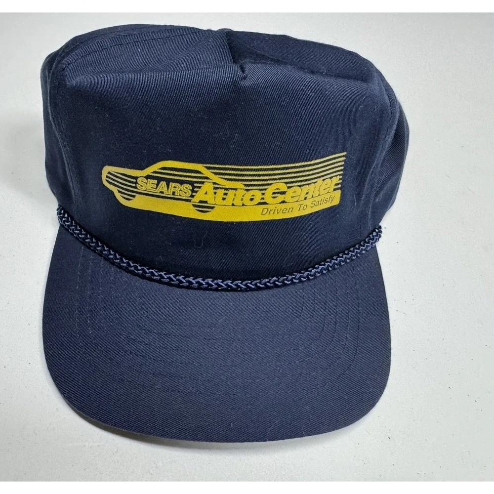 Vintage Sears Auto Center 1980's 90s Trucker Blue Hat Navy Gold Rope Hat